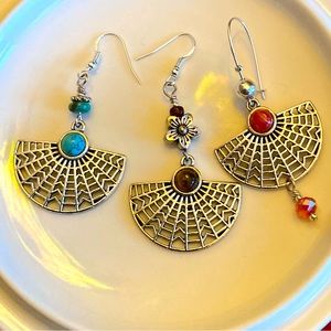 Tibetan Silver Fan Earrings with Stone Accents